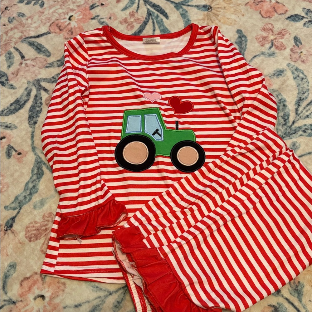 Red Striped Kids Pajamas with Tractor Design